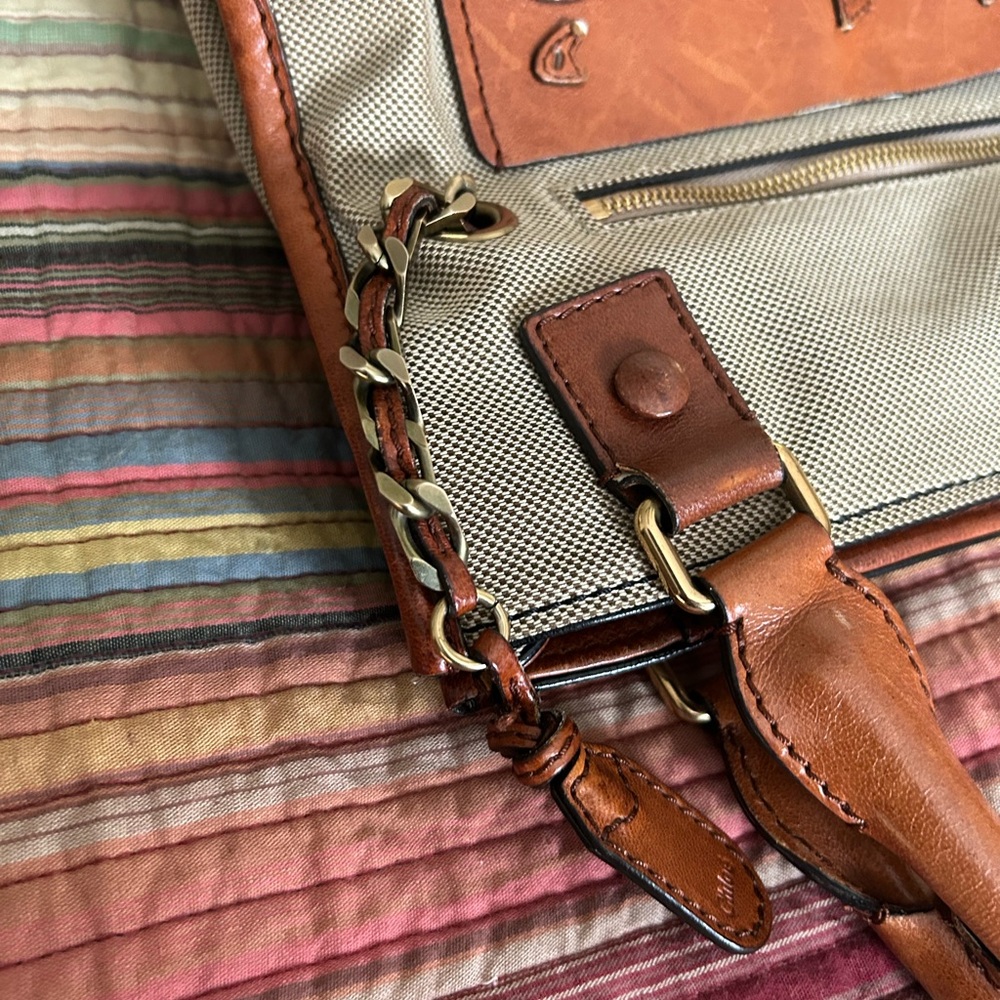 Chloé Beige Canvas and Tan Leather Hobo Tote - Picture 7 of 12